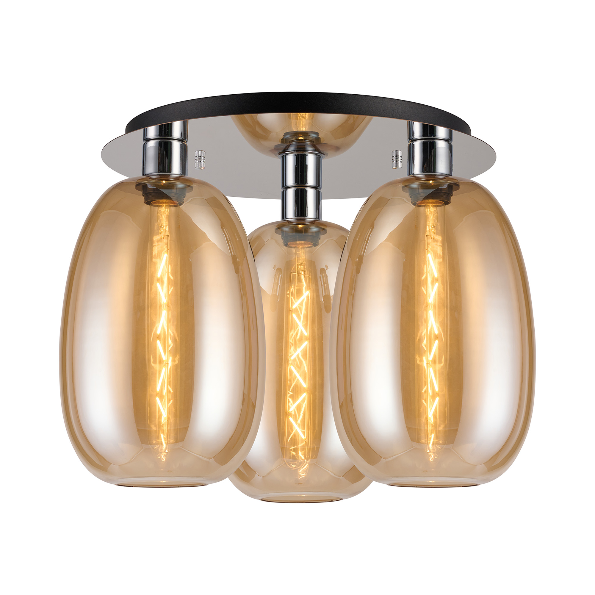 DK1340  Lori 40cm Round Ceiling Flush, 3 Light Flush Fitting, Polished Chrome/Amber Slim Curved Trapezium Shades